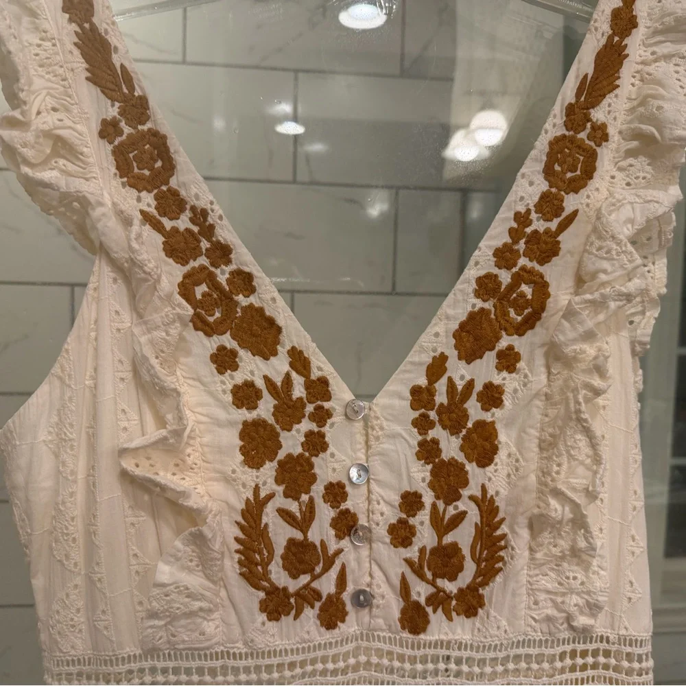 Anthropologie Boho Eyelet V-Neck Maxi Dress with Embroidered Detail - Ivory - L - Picture 4 of 5